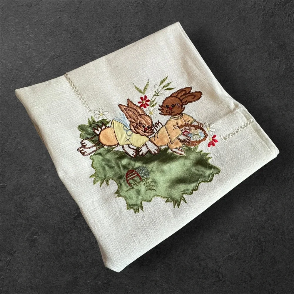 Easter Bunny Tablecloth 50x50 White Beige Embroidered Spring